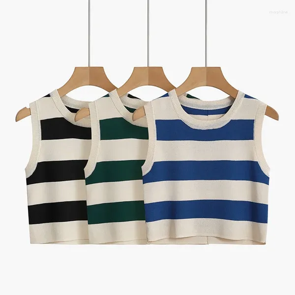 Damen-Tanks, sexy Rippstrick-Tanktop für Frauen, Sommerstreifen, O-Ausschnitt, ärmellose Crop-Tops, Straße, Vintage, koreanische Mode, Hemdweste, Y2K