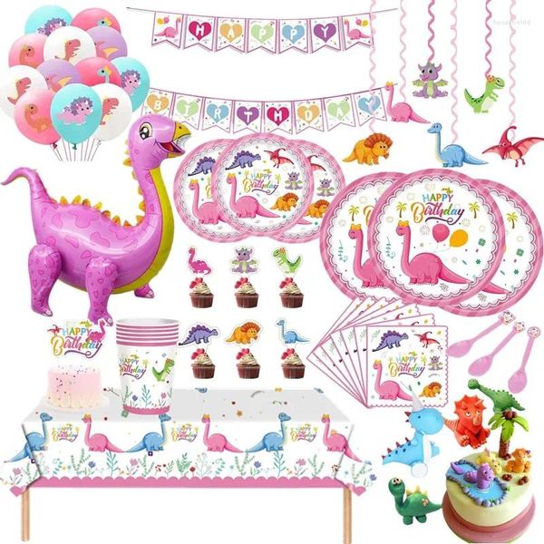 Decoração de festa rosa dinossauro decorações aniversário jantar conjunto feliz para crianças menino selva selvagem dezembro