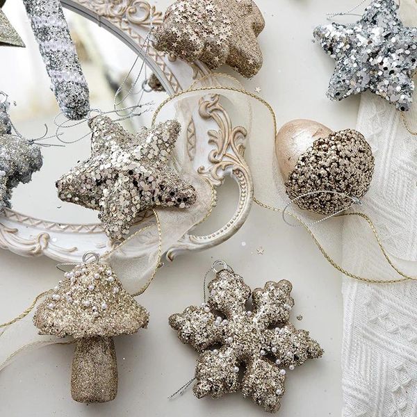Decorações de natal decoração de árvore champanhe prata glitter estrela floco de neve diy natal pendurado pingentes ano navidad festa