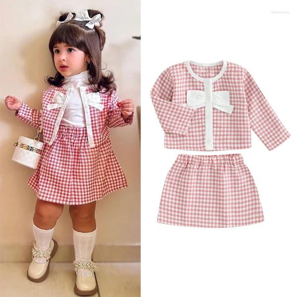 Set di abbigliamento FOCUSNORM 3-6Y Vestiti per bambina alla moda 2 pezzi Pied de poule stampa scozzese a maniche lunghe con bottoni sul davanti Giacca a trapezio