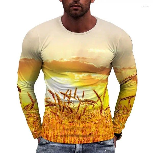 T-shirt da uomo Campi di grano increspati europei Immagine T-shirt da uomo a maniche lunghe T-shirt stampate casual Top con girocollo personalità hip-hop