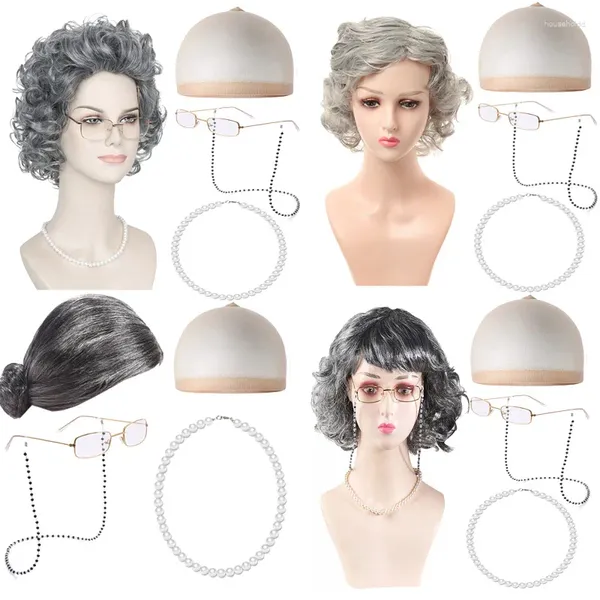 Parti Malzemeleri Cadılar Bayramı Granny Wig Cosplay Aksesuarları Büyükanne Büyükbabası Kıvırcık Saç Yaşlıları Performans Giyinlik Takım Takım Masquerade Props Rol