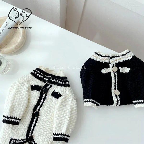 Cão vestuário outono inverno botões camisola de malha roupas para animais de estimação quente pérola decoração gato jaqueta luxo schnauzer teddy roupas suprimentos