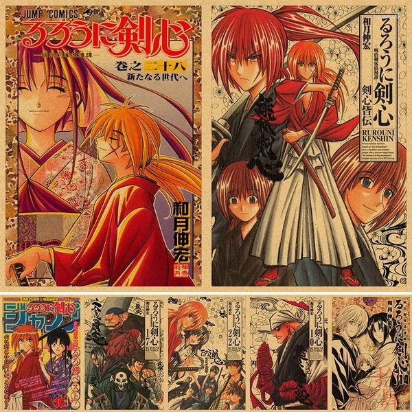 Pinturas Rurouni Kenshin Poster Decor para Home Posters Anime Room Wall Pictur Papel Kraft Retro e Imprime Art Bar 4K HD