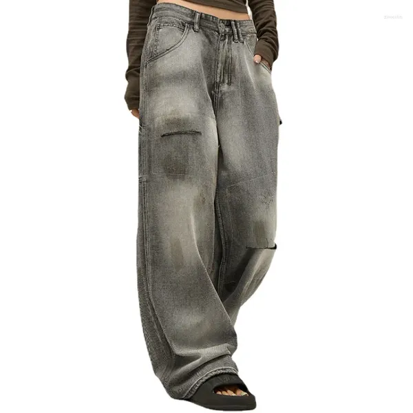 Erkek pantolon arta tarzı kadınlar avangard sonbahar Amerikan retro sıkıntılı gri tasarım geniş bacak kot pantolon