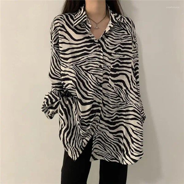 Blusas femininas primavera verão streetwear polo-pescoço zebra impressão solta camisa casual topo feminino manga longa botões cardigan blusa feminina