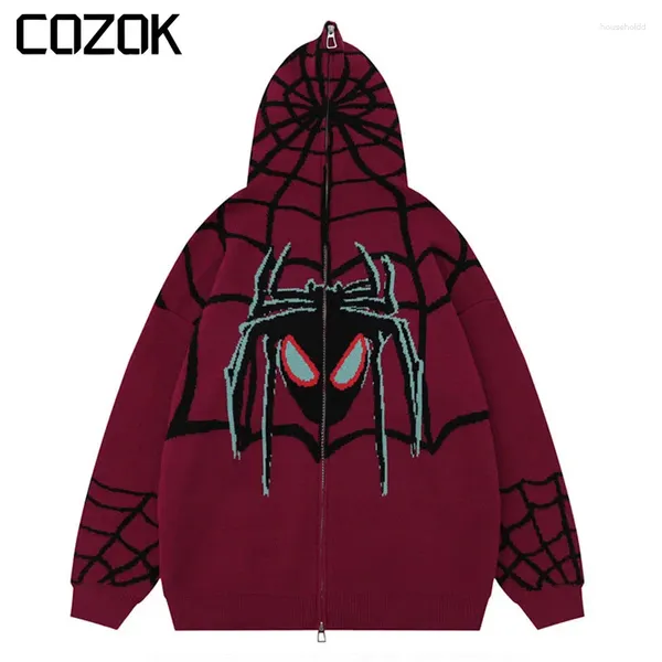 Suéter dos homens American Vintage Bordado Aranha Cardigan Homens Mulheres Casual Zip Up Hooded Sweater Harajuku Streetwear Solto Casaco