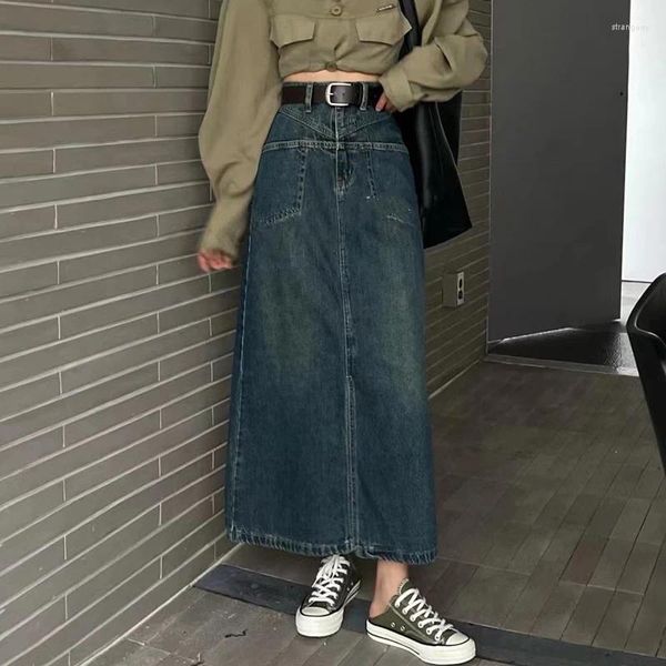 Saias Mulheres Primavera Verão Long Denim Saia Moda Vintage Cintura Alta Hip Envoltório Split Design Casual Plus Size Jeans