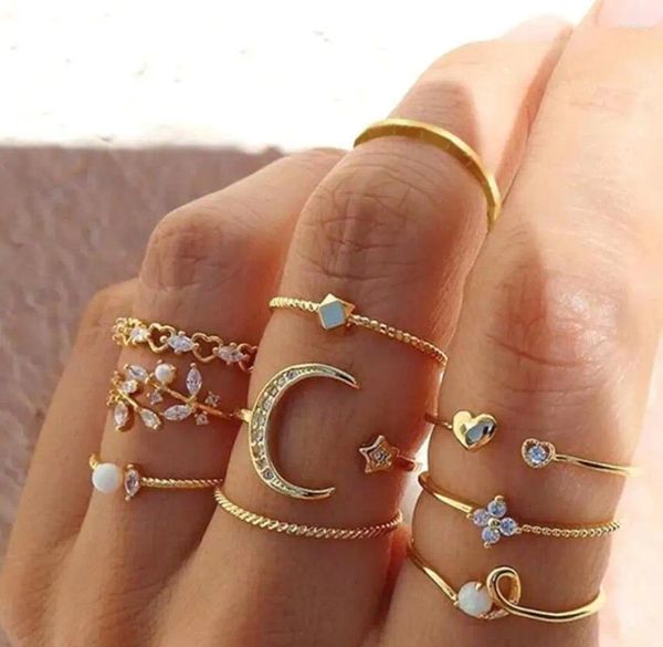 Cluster Ringe Boho Vintage Gold Farbe Mond Knuckle Set Für Frauen Kristall Stern Geometrische Weibliche Finger Schmuck 2024