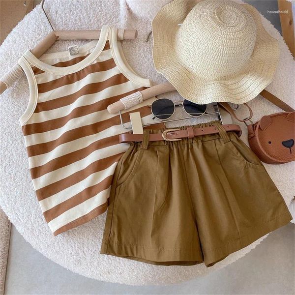 Conjuntos de roupas Estilo Coreano Roupas Crianças Meninas Verão Despojado Colete de Algodão Tops Perna Larga Calças Curtas 2 Pcs 1-8Y Toddlers