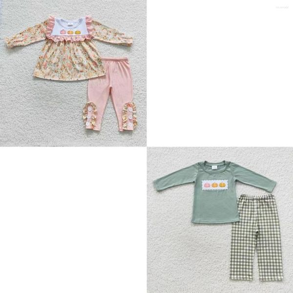 Set di abbigliamento all'ingrosso Neonato Ragazza Ringraziamento Ricamo Zucca Vestito Bambini Bambino Maniche lunghe Top Pantaloni Neonato Set di cotone