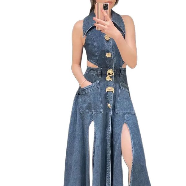 Herbst Sommer Damen Denim Kleid Ärmel Taschen Einreiher Frauen Hemd Bodenlangen Party Strand Sexy Kleider 240131