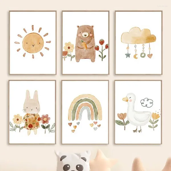 Gemälde Boho Bär Kaninchen Gans Sonne Regenbogen Kinderzimmer Wandkunst Leinwand Malerei Nordic Poster und Drucke Bilder Baby Kinderzimmer Dekor