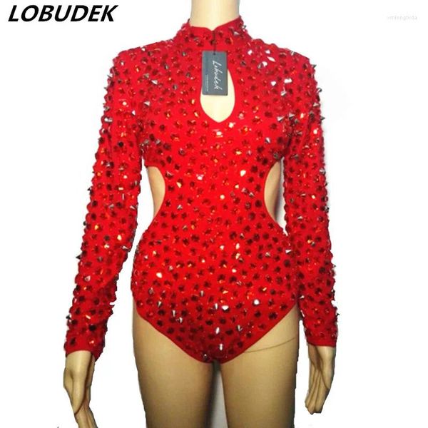 Sahne Giyim Kırmızı Rhinestones Perçin Bodysuit Uzun Kollu Romper Kadın Caz Dans Kostüm DJ Singer Bar Seksi Performans Giysileri