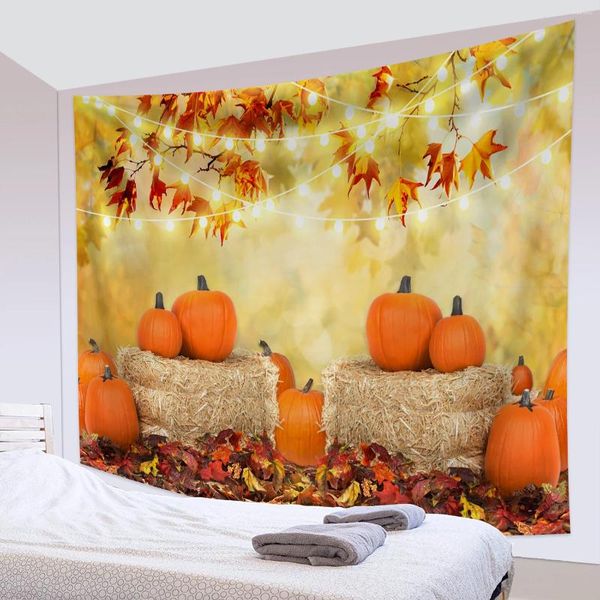 Arazzi Autunno Ringraziamento Arazzo Rustico Fienile in legno Zucche autunnali Appeso a parete Hippie Psichedelico Art Decor per la casa