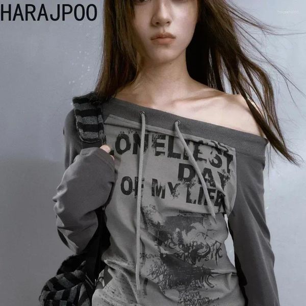 Kadın Tişörtleri Harajpoo Baharatlı Kızlar Y2K Kapalı Omuz Baskılı Kontrast Panel T-Shirt 2024 Sonbahar Kış Kadınlar Mizaç Çok yönlü Moda