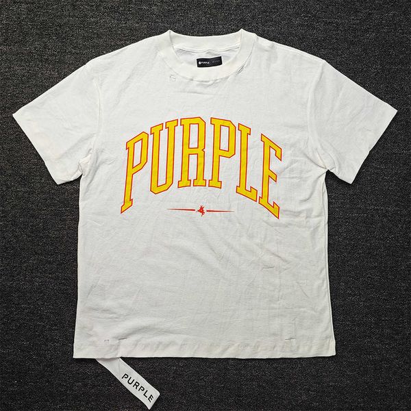 PURPLE BRAND T-shirt bianca da uomo casual in puro cotone a maniche corte, girocollo, con lettere gialle