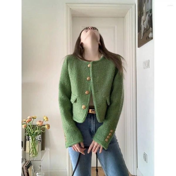 Damenjacken 2024 Frühling Herbst Einreiher Kurz Tweed Mäntel Frauen Langarm Vintage Grün Casual Weibliche Oberbekleidung C22