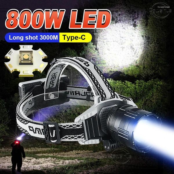 Torcia frontale 1000000LM Lampada frontale più potente 800W LED Torcia frontale ricaricabile USB Super luminosa Lunga S Zoom Faro Lanterna da pesca