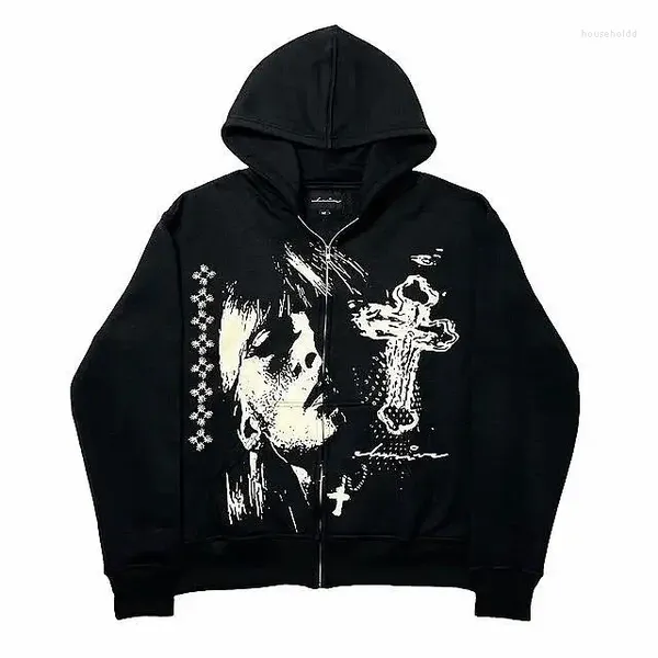 Herren Hoodies American Cross Head Print Hoodie Männer Schwarz Lose Reißverschluss Straße Harajuku Übergroßes Sweatshirt Y2K Punk Japanische Paarjacke