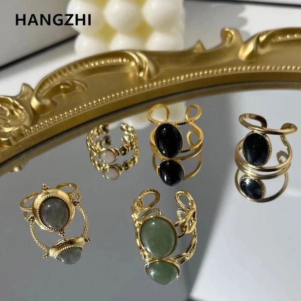 Cluster Ringe HangZhi 2024 Vintage Naturstein Für Frauen Doppelschicht Öl Tropfen Herz Stern Edelstahl Damen Ring Schmuck