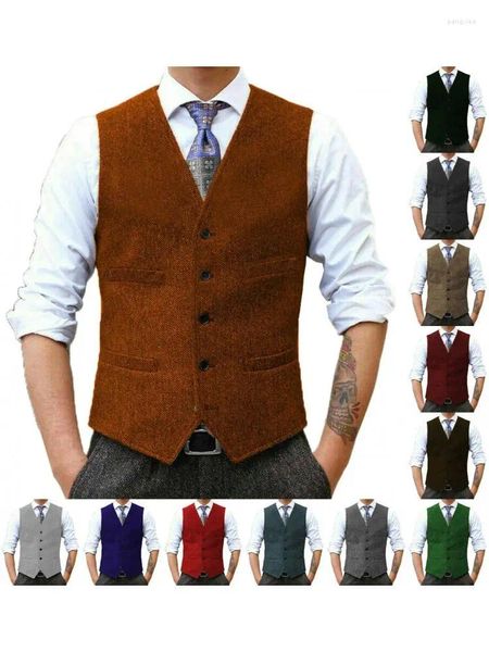 Gilet da uomo 2024 Gilet nero a spina di pesce in lana tweed con scollo a V Retro utensili gilet cuciture in raso da sposa affari per gli uomini