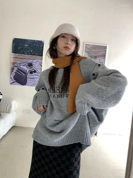 Damenpullover Deeptown Harajuku Letter Print Grauer Pullover Frauen Vintage Streetwear Off Shoulder Strickoberteile Koreanischer Stil Oversize Schwarz