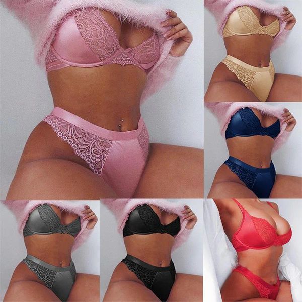 Reggiseni Set Maglia di pizzo Plus Size Due pezzi Sexy Vedere attraverso Intimo donna Lingerie Lady Scollo a V Filo Intimo libero Reggiseno push up e slip