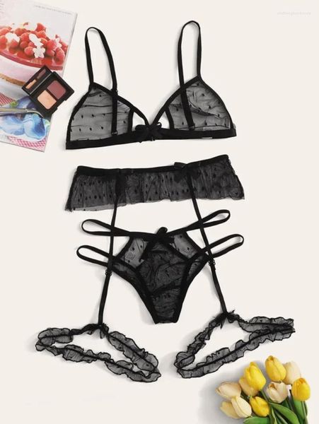 BHs Sets Sexy BH Set Transparent Durchsichtig und Höschen mit Strumpfband Perspektive Mesh Spitze Dessous Damen Unterwäsche