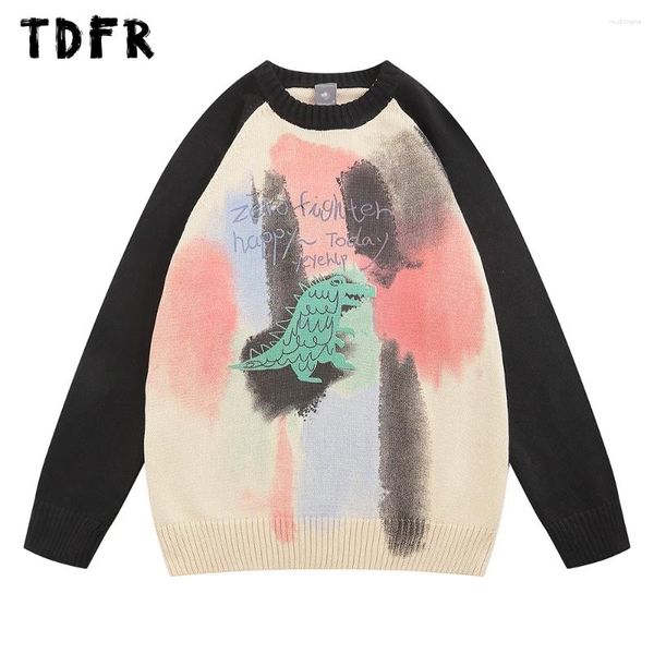 Suéter masculino Graffiti de malha suéter masculino outono inverno tripulação pescoço manga comprida casual solto raglan pulôver masculino