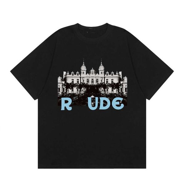 Designer de luxo roxo clássico Rhodes Casino HD Castle Print solto camiseta de algodão duplo, masculino e feminino,