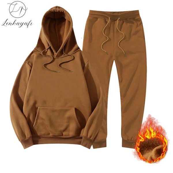 Homens Tracksuit Hoodie Terno Calças 2 Peça Oversized Plain Inverno Jogging Mulher Moletom Define Fleece Pulôver Roupas 240202