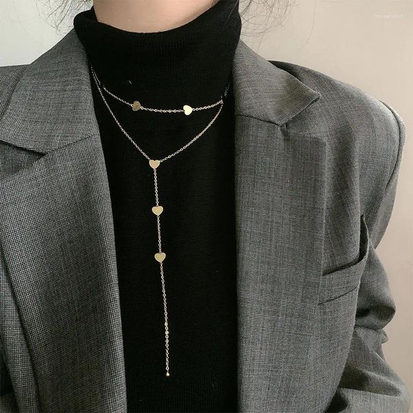 Anhänger Halsketten MEYRROYU Edelstahl Doppelschicht Herz Pandent Halskette Für Weibliche Lange Quaste Choker 2024 Mode Party Geschenk Schmuck