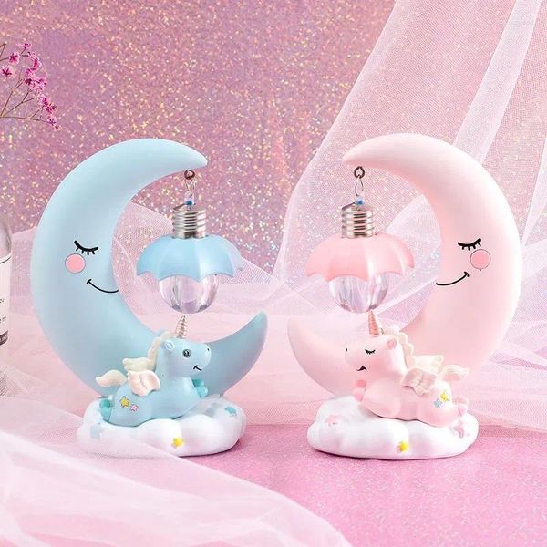 Luci notturne Resina Luna Unicorno Luce a LED Cartone animato Lampada per la scuola materna del bambino Respirazione Giocattolo per bambini Regalo di Natale Tavolo artigianale per camera dei bambini