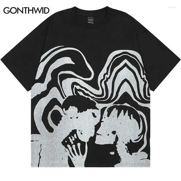 Erkekler Hip Hop Punk Gömlek Sokak Giyim Retro Soyut Grafik Baskı Pamuk Tshirt Harajuku Gotik Tee Erkek Yaz Top