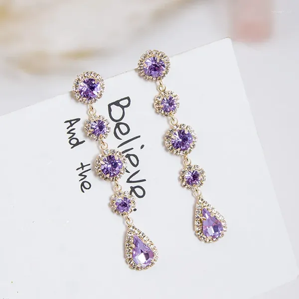 Brincos pendurados luxo charme roxo redondo gota de água strass completo longo para mulheres moda boucle d'oreille femme 5a3020