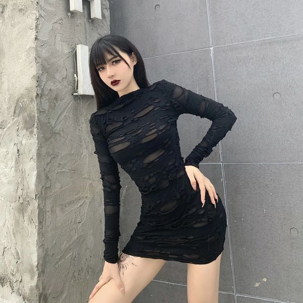 Abiti Helisopus New Gothic Black Mini Dress Streetwear Rock Punk Hollow Retro Abiti da festa aderenti a maniche lunghe a vita alta