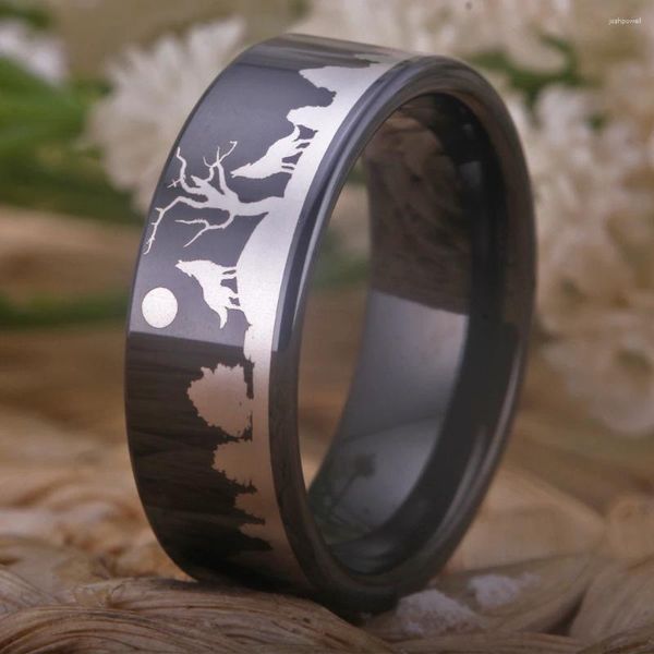 Обручальные кольца 8 мм, черная трубка, кольцо из карбида вольфрама, лазерная обработка волка, чайка/лесной пейзаж/панда/олень/охота/годовщина Флориды