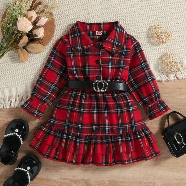 Платья для девочек, рождественское платье для малышей для девочек от 1 до 5 лет, модный красный клетчатый костюм с поясом на осень-зиму, детский наряд