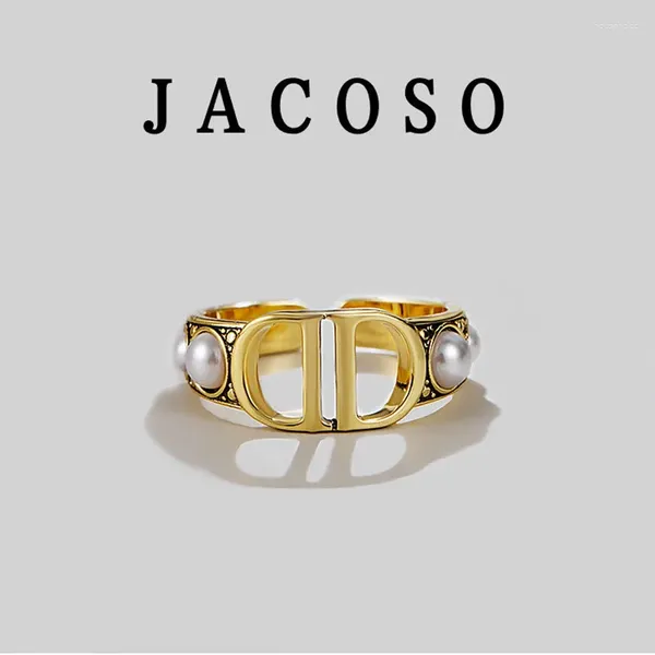 Cluster Ringe Jacoso Doppel D Brief Ring Bronze Öffnung Einstellbare Perlen Hohe Qualität Luxus Zubehör Party Schmuck Für Frauen Geschenke