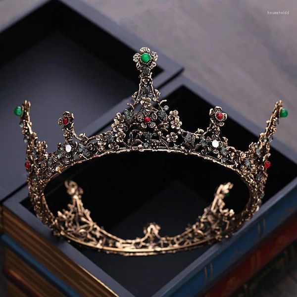 Fermagli per capelli Barocco Vintage Perline di cristallo nero Rotondo Diademi da sposa Grande corona Regina reale Strass Spettacolo Diadema Accessori da sposa