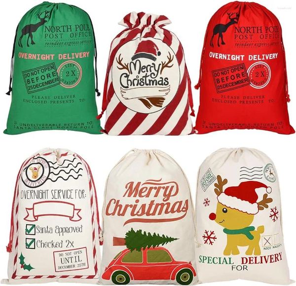 Decorazioni natalizie 2024 Sacchetti regalo Borsa grande in tela organica pesante Sacco di Babbo Natale con coulisse con renne Natale per bambini