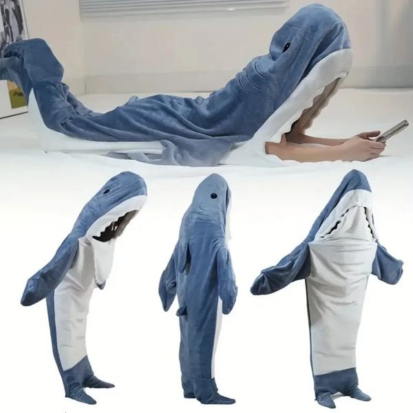 Divertente coperta di squalo con cappuccio Shark tutina sacco a pelo da donna indossabile Kigurumi bambini genitori con cappuccio calda flanella cartone animato homewear 240122