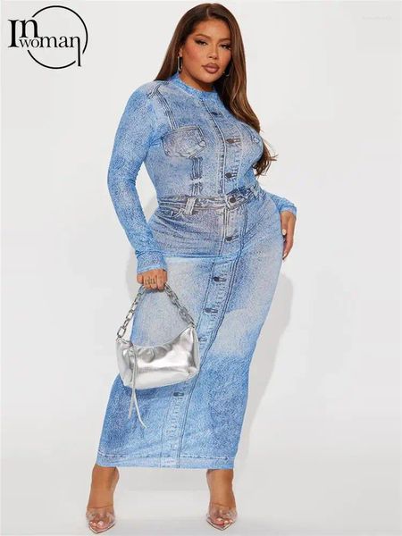 Lässige Kleider Inwoman Blue Denim Print Langes Kleid Party Club Für Frauen 2024 Herbst Ärmel Bodycon Maxi Mode Grafik Y2k