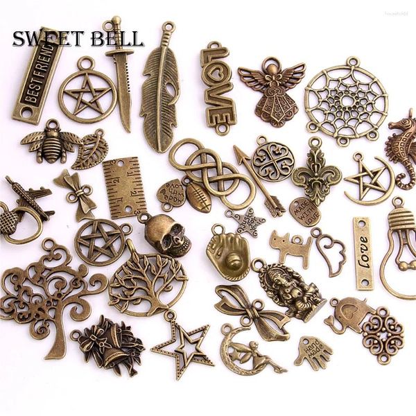 Encantos Sweet Bell 60-80 Padrão Misto 100pcs Sortidas Pingentes Esculpidos Contas de Liga de Metal Pandent Quatro Cores Diy Bead