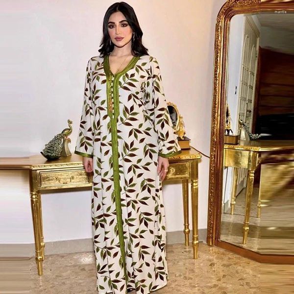 Roupas étnicas Verão Impressão Verde Jalabiya Mulheres Muçulmanas Maxi Vestido de Cetim Dubai Turquia Abaya Kaftan Islâmico Marroquino Robe Caftan Vestido