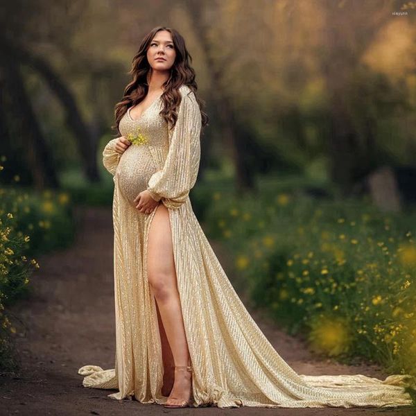 Vestidos casuais glitter lantejoulas rendas maternidade mangas completas v pescoço vestido de gravidez para po shoot elegante mulheres vestidos de festa de baile