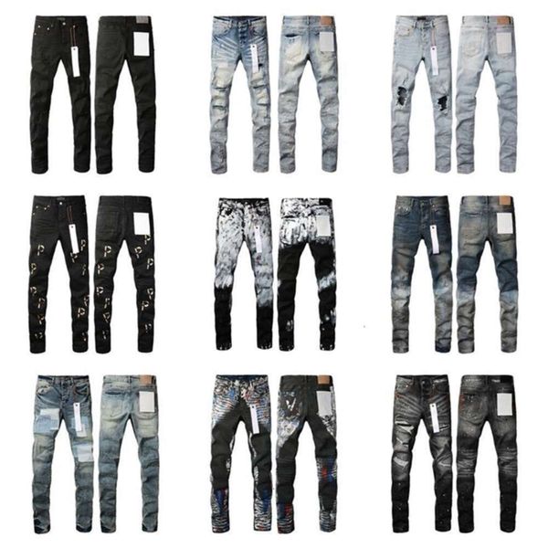 Lila Jeans, gestapelt, lange Hosen, ksubi, zerrissen, High Street, Marke, Patch-Loch, Denim, gerade, modisch, Streetwear, Silm