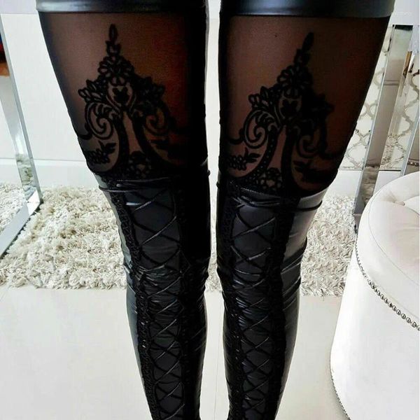 Женские брюки Party Club Pu Long Leggings Black Lace Hollow Out Lengting Etenge Etenge Skinny Pencil Blouser Высокая талия