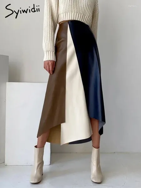 Gonne Syiwidii in pelle per le donne Autunno Inverno 2024 Patchwork a vita alta A-LINE Casual moda coreana Gonna streetwear